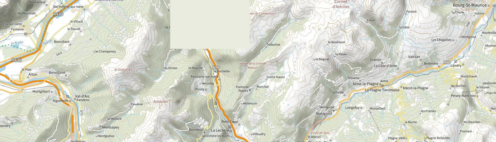 Carte IGN des environs de Aime-la-Plagne, lieu de départ