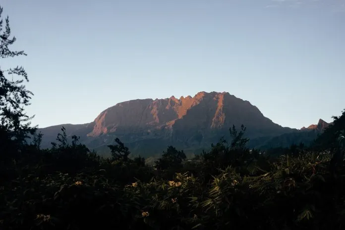 Sentier de montagne escarpé dans un cirque volcanique couvert de végétation tropicale Sommet montagneux de La Réunion éclairé en fin de journée, végétation au premier plan