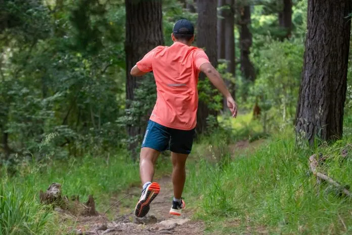 Coureur de trail sur un sentier forestier Coureur de trail sur un sentier en sous-bois, vu de dos